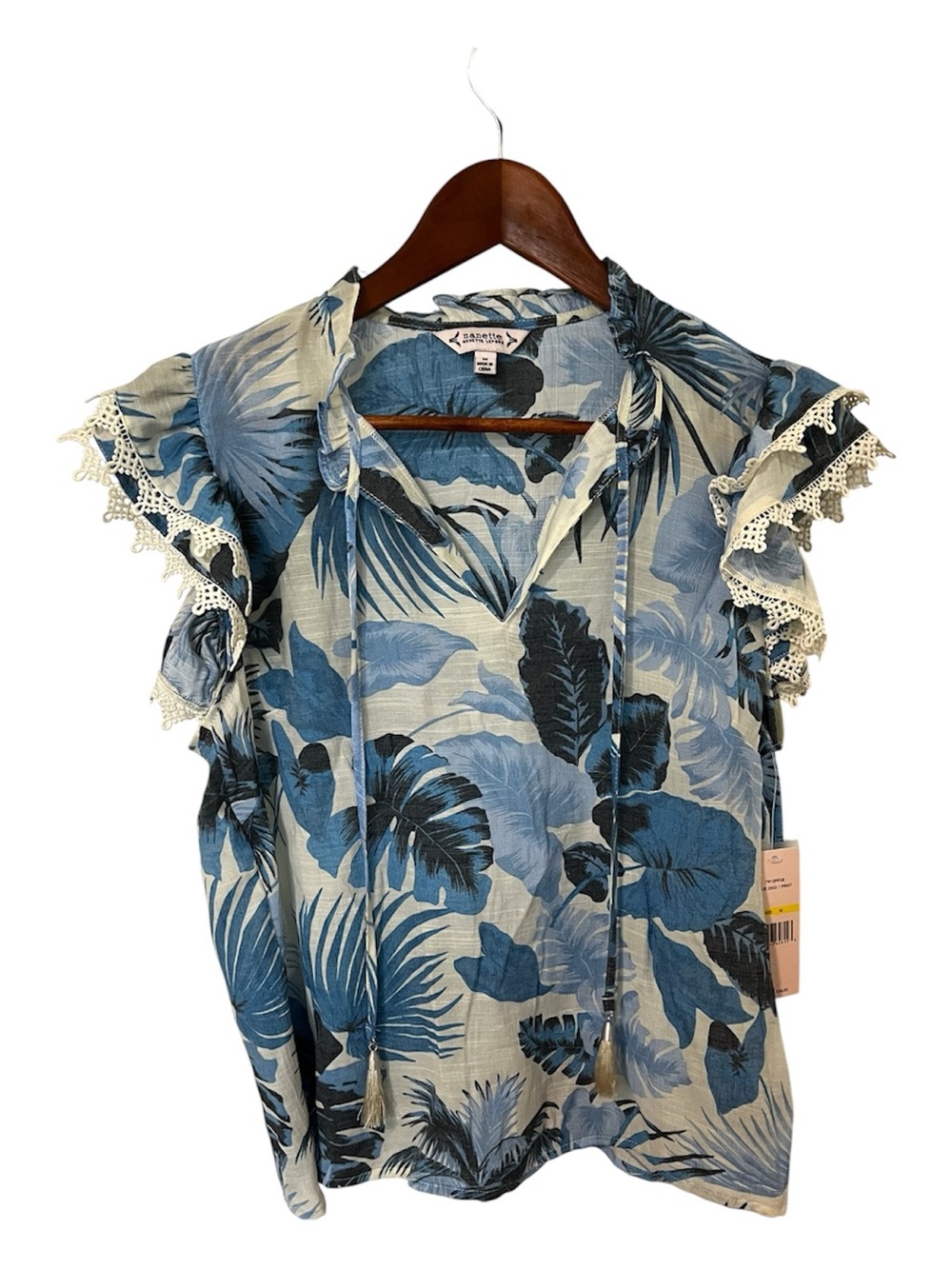 Nanette Lepore Blouse Women's Tropical Leaf Medium Blue V-Neck Ruffle Lace Top